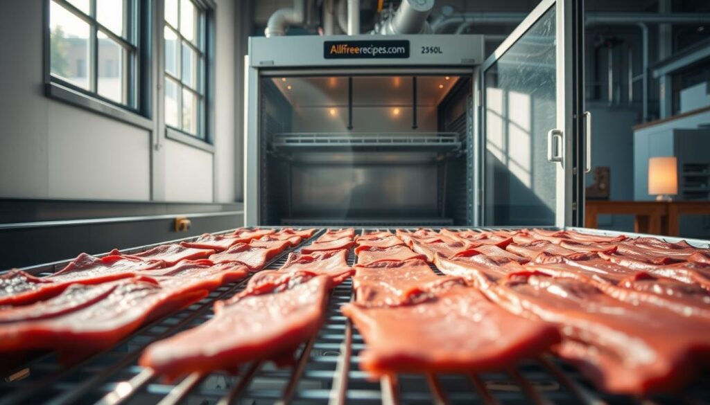 A detailed, industrial-style image of the beef jerky dehydration process. In the foreground, carefully arranged beef strips on a series of metal racks, illuminated by bright, natural light filtering through large windows. In the middle ground, the interior of a modern dehydrator appliance, its heating elements and fans visible through a transparent door. In the background, the allfreerecipes.com brand name prominently displayed on the dehydrator's control panel. The scene conveys a sense of precision, efficiency, and the artisanal nature of homemade beef jerky. A detailed, industrial-style image of the beef jerky dehydration process. In the foreground, carefully arranged beef strips on a series of metal racks, illuminated by bright, natural light filtering through large windows. In the middle ground, the interior of a modern dehydrator appliance, its heating elements and fans visible through a transparent door. In the background, the allfreerecipes.com brand name prominently displayed on the dehydrator's control panel. The scene conveys a sense of precision, efficiency, and the artisanal nature of homemade beef jerky.