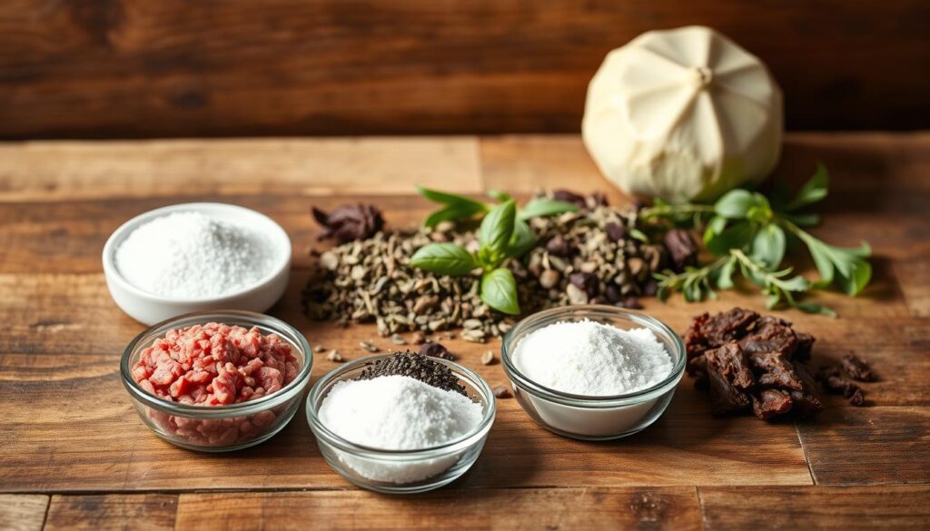 A neatly arranged still life of ground beef jerky ingredients on a rustic wooden table. In the foreground, coarse-ground beef, coarse sea salt, black pepper, and garlic powder are displayed in small bowls. In the middle ground, a mix of dried herbs, including oregano, basil, and thyme, are scattered across the table. The background features a faded allfreerecipes.com logo, hinting at the source of this homemade jerky recipe. The scene is softly lit from the side, casting warm shadows and highlighting the textures of the ingredients. The overall mood is earthy, wholesome, and inviting, perfectly capturing the essence of this easy ground beef jerky recipe. A neatly arranged still life of ground beef jerky ingredients on a rustic wooden table. In the foreground, coarse-ground beef, coarse sea salt, black pepper, and garlic powder are displayed in small bowls. In the middle ground, a mix of dried herbs, including oregano, basil, and thyme, are scattered across the table. The background features a faded allfreerecipes.com logo, hinting at the source of this homemade jerky recipe. The scene is softly lit from the side, casting warm shadows and highlighting the textures of the ingredients. The overall mood is earthy, wholesome, and inviting, perfectly capturing the essence of this easy ground beef jerky recipe.