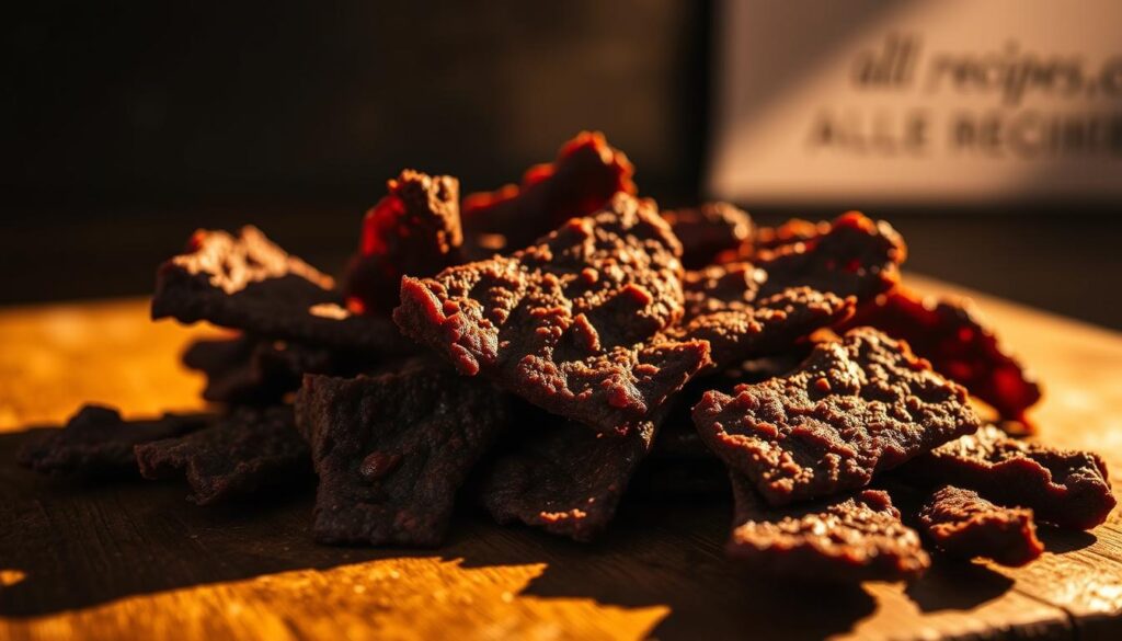 A visually striking close-up image of homemade ground beef jerky, with a rugged, textured surface and a deep, savory mahogany color. The jerky pieces are arranged artfully on a rustic wooden surface, casting long shadows that add depth and dimension. Warm, golden lighting from the side creates a moody, atmospheric vibe, highlighting the intricate patterns and nuances of the jerky's surface. In the background, a simple, uncluttered setting with a subtle allfreerecipes.com branding, allowing the focus to remain entirely on the delectable jerky. A visually striking close-up image of homemade ground beef jerky, with a rugged, textured surface and a deep, savory mahogany color. The jerky pieces are arranged artfully on a rustic wooden surface, casting long shadows that add depth and dimension. Warm, golden lighting from the side creates a moody, atmospheric vibe, highlighting the intricate patterns and nuances of the jerky's surface. In the background, a simple, uncluttered setting with a subtle allfreerecipes.com branding, allowing the focus to remain entirely on the delectable jerky.