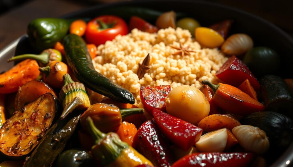 A beautifully arranged tajine dish overflowing with an array of vibrant, roasted vegetables. In the foreground, a selection of tender eggplants, zucchini, and peppers, glistening with a light coating of olive oil. The middle ground showcases fragrant onions and garlic, simmered to perfection. In the background, a bed of fluffy couscous provides a textural contrast. Warm, earthy spices like cumin, coriander, and paprika imbue the dish with an enticing aroma. Soft, diffused lighting illuminates the scene, casting gentle shadows and highlighting the dish's rustic, homemade aesthetic. The overall composition evokes a sense of comforting, Moroccan-inspired cuisine, inviting the viewer to savor the flavorful and nourishing qualities of this vegetarian tajine. A beautifully arranged tajine dish overflowing with an array of vibrant, roasted vegetables. In the foreground, a selection of tender eggplants, zucchini, and peppers, glistening with a light coating of olive oil. The middle ground showcases fragrant onions and garlic, simmered to perfection. In the background, a bed of fluffy couscous provides a textural contrast. Warm, earthy spices like cumin, coriander, and paprika imbue the dish with an enticing aroma. Soft, diffused lighting illuminates the scene, casting gentle shadows and highlighting the dish's rustic, homemade aesthetic. The overall composition evokes a sense of comforting, Moroccan-inspired cuisine, inviting the viewer to savor the flavorful and nourishing qualities of this vegetarian tajine.