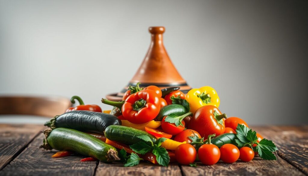 A beautifully arranged tajine dish sits atop a rustic wooden table, the vibrant colors of the fresh vegetables popping against the earthy tones of the ceramic cookware. Soft, diffused lighting bathes the scene, creating a warm, inviting atmosphere. In the foreground, a variety of seasonal vegetables - zucchini, bell peppers, eggplant, and tomatoes - are artfully layered, their textures and shapes creating a visually stunning composition. The middle ground features the tajine itself, its distinctive conical lid gently steaming, hinting at the flavorful, aromatic stew within. In the background, a simple, minimalist setting emphasizes the focus on the dish, allowing the vibrant colors and textures to take center stage. The overall impression is one of rustic elegance, capturing the essence of a delicious, homemade vegetarian tajine. A beautifully arranged tajine dish sits atop a rustic wooden table, the vibrant colors of the fresh vegetables popping against the earthy tones of the ceramic cookware. Soft, diffused lighting bathes the scene, creating a warm, inviting atmosphere. In the foreground, a variety of seasonal vegetables - zucchini, bell peppers, eggplant, and tomatoes - are artfully layered, their textures and shapes creating a visually stunning composition. The middle ground features the tajine itself, its distinctive conical lid gently steaming, hinting at the flavorful, aromatic stew within. In the background, a simple, minimalist setting emphasizes the focus on the dish, allowing the vibrant colors and textures to take center stage. The overall impression is one of rustic elegance, capturing the essence of a delicious, homemade vegetarian tajine.