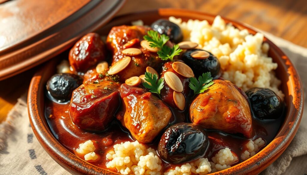 A beautifully presented Moroccan chicken tagine with prunes, served on a rustic earthenware dish. The tender, juicy chicken is nestled among plump, sweet prunes, the sauce a rich, mahogany glaze. Fragrant spices like cinnamon and ginger permeate the dish, creating a captivating aroma. Garnished with fresh parsley and toasted almonds, the dish is a harmony of savory and sweet flavors. Soft, fluffy couscous accompanies the tagine, ready to soak up the flavorful sauce. The lighting is warm and natural, casting a golden glow over the scene, evoking the sun-drenched landscapes of Morocco. The overall presentation is elegant yet approachable, inviting the viewer to savor this classic, comforting Moroccan delicacy. A beautifully presented Moroccan chicken tagine with prunes, served on a rustic earthenware dish. The tender, juicy chicken is nestled among plump, sweet prunes, the sauce a rich, mahogany glaze. Fragrant spices like cinnamon and ginger permeate the dish, creating a captivating aroma. Garnished with fresh parsley and toasted almonds, the dish is a harmony of savory and sweet flavors. Soft, fluffy couscous accompanies the tagine, ready to soak up the flavorful sauce. The lighting is warm and natural, casting a golden glow over the scene, evoking the sun-drenched landscapes of Morocco. The overall presentation is elegant yet approachable, inviting the viewer to savor this classic, comforting Moroccan delicacy.