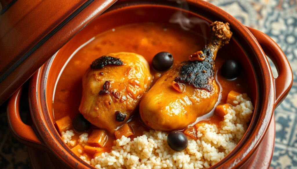 A beautifully presented Moroccan tagine, featuring tender chicken thighs simmered in a vibrant lemon-infused sauce, dotted with briny olives. The chicken is nestled atop a bed of fluffy couscous, which soaks up the rich, aromatic broth. Wisps of fragrant steam rise from the earthenware dish, hinting at the complex flavors within. Warm, golden lighting casts a cozy glow, highlighting the dish's rustic, homemade appeal. The scene is set against a backdrop of traditional Moroccan tiles, evoking the cultural heritage of this classic French-influenced dish. A beautifully presented Moroccan tagine, featuring tender chicken thighs simmered in a vibrant lemon-infused sauce, dotted with briny olives. The chicken is nestled atop a bed of fluffy couscous, which soaks up the rich, aromatic broth. Wisps of fragrant steam rise from the earthenware dish, hinting at the complex flavors within. Warm, golden lighting casts a cozy glow, highlighting the dish's rustic, homemade appeal. The scene is set against a backdrop of traditional Moroccan tiles, evoking the cultural heritage of this classic French-influenced dish.