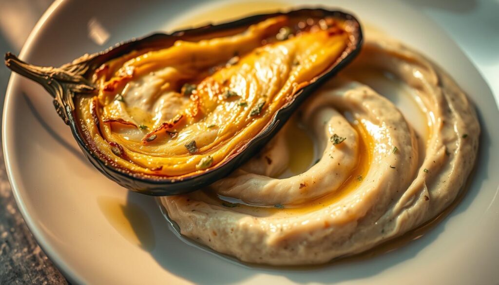 A close-up shot of a perfectly roasted eggplant, its skin glistening with a thin layer of olive oil. The flesh has been scooped out, revealing a smooth, creamy interior flecked with specks of aromatic herbs. Arrange the eggplant purée in an elegant, swirling pattern on a pristine white plate, accentuated by the warm, golden hues of the lighting. The image should convey a sense of culinary sophistication and the delicate, silky texture of the "caviar d'aubergine" dish. Capture the dish from a high angle, emphasizing the dish's visual appeal and the luxurious qualities of this simple yet refined recipe.