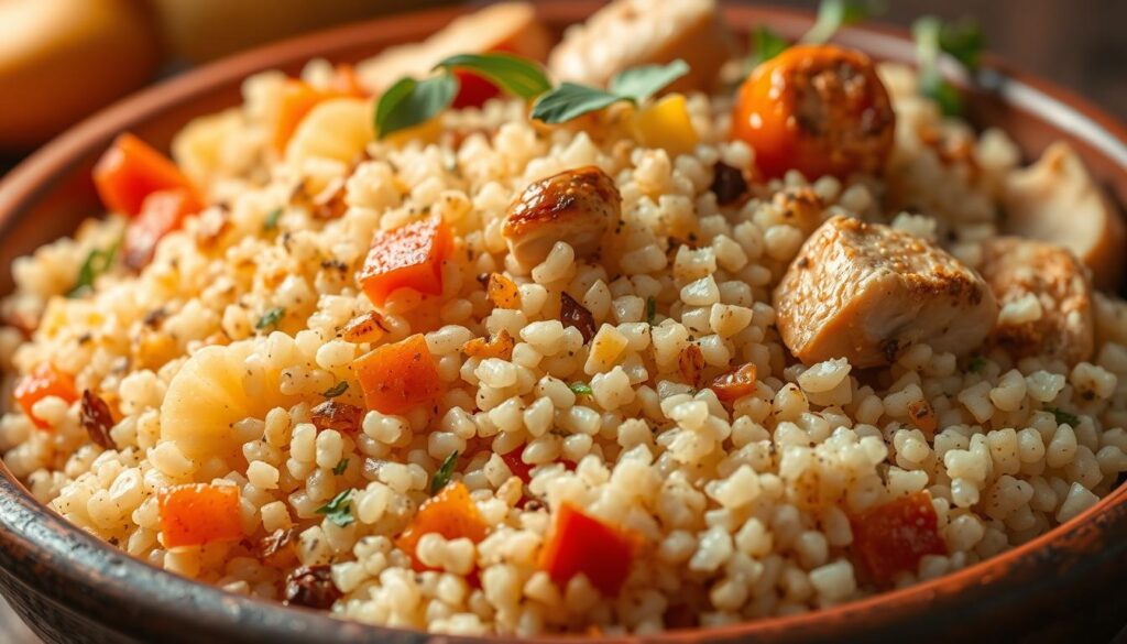 A delectable arrangement of nutritious couscous grains, glistening with a light sheen and surrounded by a vibrant medley of colorful vegetables, tender chicken pieces, and a blend of aromatic spices. The couscous is presented in a rustic, earthenware dish, bathed in warm, soft lighting that accentuates its fluffy texture and inviting appearance. The scene evokes the comforting flavors and traditions of Moroccan cuisine, capturing the essence of a nourishing and harmonious meal. The camera angle is slightly elevated, providing a visually appealing and appetizing perspective of this wholesome and satisfying dish.