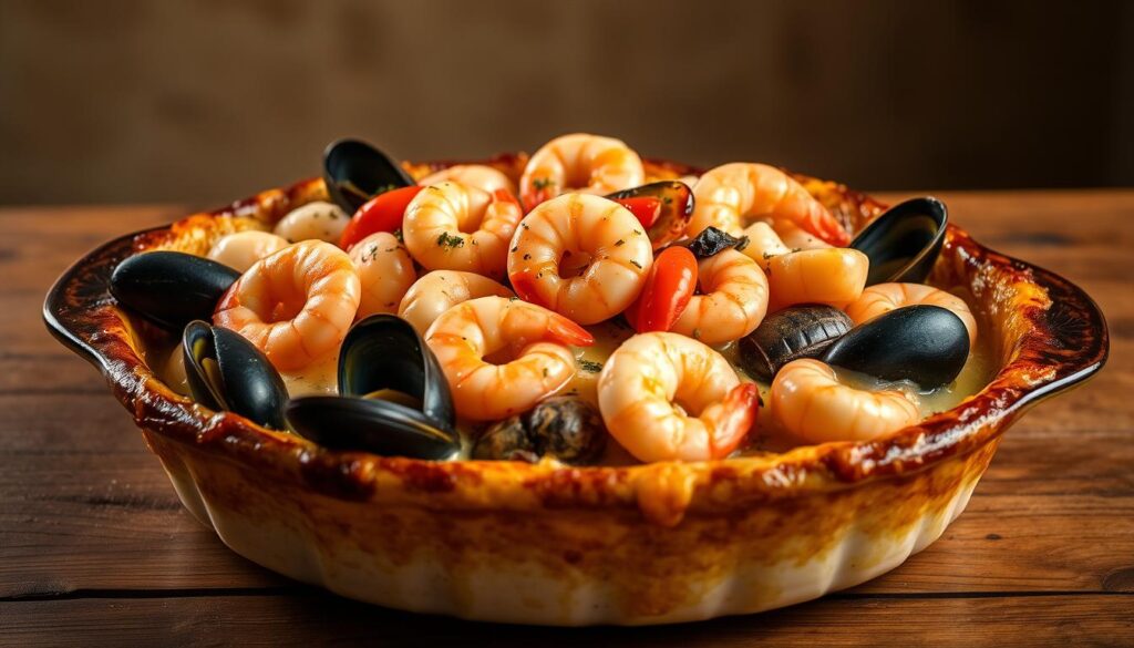 A delectable cassolette filled with an assortment of succulent seafood, including plump shrimp, tender scallops, and briny mussels, nestled in a creamy, gently seasoned sauce. The casserole dish sits atop a wooden table, its golden-brown gratin crust glistening under the soft, diffused lighting. In the background, a backdrop of warm, earthy tones complements the vibrant hues of the seafood, creating a cozy, elegant atmosphere. The composition emphasizes the textures and colors of the dish, inviting the viewer to imagine the flavors and aromas of this indulgent seafood cassolette. A delectable cassolette filled with an assortment of succulent seafood, including plump shrimp, tender scallops, and briny mussels, nestled in a creamy, gently seasoned sauce. The casserole dish sits atop a wooden table, its golden-brown gratin crust glistening under the soft, diffused lighting. In the background, a backdrop of warm, earthy tones complements the vibrant hues of the seafood, creating a cozy, elegant atmosphere. The composition emphasizes the textures and colors of the dish, inviting the viewer to imagine the flavors and aromas of this indulgent seafood cassolette.