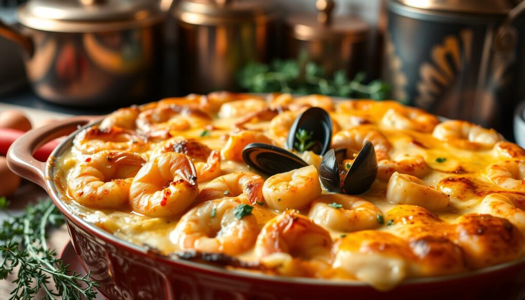 A delectable seafood gratin with a golden, bubbly top, capturing the essence of French culinary excellence. In the foreground, a casserole dish filled with a harmonious blend of juicy shrimp, tender scallops, and succulent mussels, nestled in a creamy béchamel sauce infused with a hint of white wine. The middle ground showcases vibrant herbs, such as fragrant thyme and parsley, adding a touch of freshness to the dish. In the background, a warm, cozy kitchen setting with polished copper pots and pans reflecting the soft, warm lighting, creating an inviting and sophisticated atmosphere. The overall composition evokes a sense of comfort, indulgence, and the mastery of traditional French cooking. A delectable seafood gratin with a golden, bubbly top, capturing the essence of French culinary excellence. In the foreground, a casserole dish filled with a harmonious blend of juicy shrimp, tender scallops, and succulent mussels, nestled in a creamy béchamel sauce infused with a hint of white wine. The middle ground showcases vibrant herbs, such as fragrant thyme and parsley, adding a touch of freshness to the dish. In the background, a warm, cozy kitchen setting with polished copper pots and pans reflecting the soft, warm lighting, creating an inviting and sophisticated atmosphere. The overall composition evokes a sense of comfort, indulgence, and the mastery of traditional French cooking.