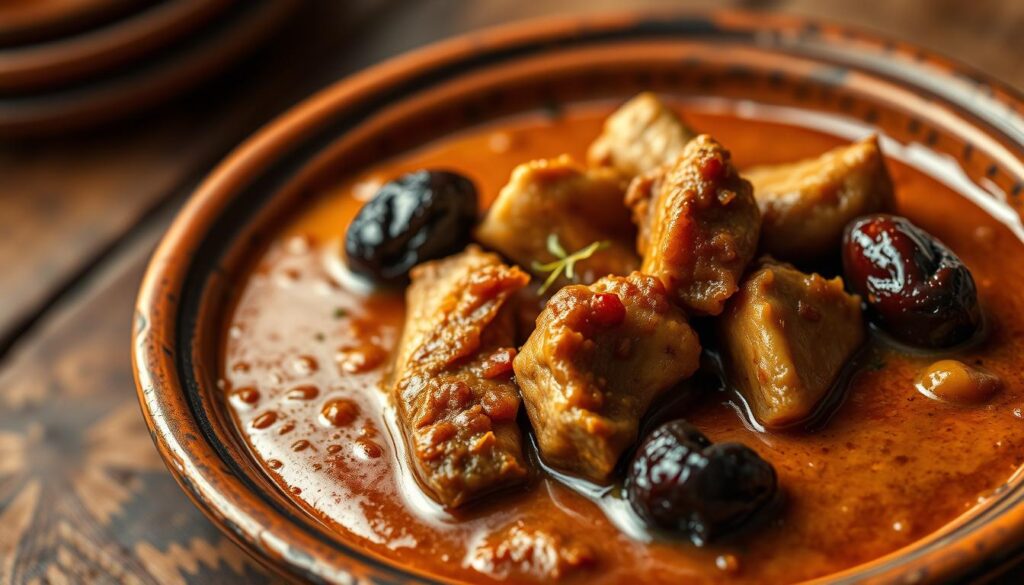 A delicate Moroccan tajine dish featuring tender veal simmered with aromatic spices, juicy prunes, and a rich, savory sauce. The veal is seared to a golden-brown crust, then slowly braised until meltingly tender. Prunes add a subtly sweet note, complementing the depth of flavor. The tajine is plated on a rustic earthenware dish, with the veal and prunes nestled in the fragrant sauce. Warm ochre tones from the tajine and earthy spices create a cozy, inviting atmosphere. Soft, diffused lighting casts gentle shadows, highlighting the dish's elegant simplicity. The overall presentation evokes the comforting, time-honored traditions of Moroccan cuisine. A delicate Moroccan tajine dish featuring tender veal simmered with aromatic spices, juicy prunes, and a rich, savory sauce. The veal is seared to a golden-brown crust, then slowly braised until meltingly tender. Prunes add a subtly sweet note, complementing the depth of flavor. The tajine is plated on a rustic earthenware dish, with the veal and prunes nestled in the fragrant sauce. Warm ochre tones from the tajine and earthy spices create a cozy, inviting atmosphere. Soft, diffused lighting casts gentle shadows, highlighting the dish's elegant simplicity. The overall presentation evokes the comforting, time-honored traditions of Moroccan cuisine.