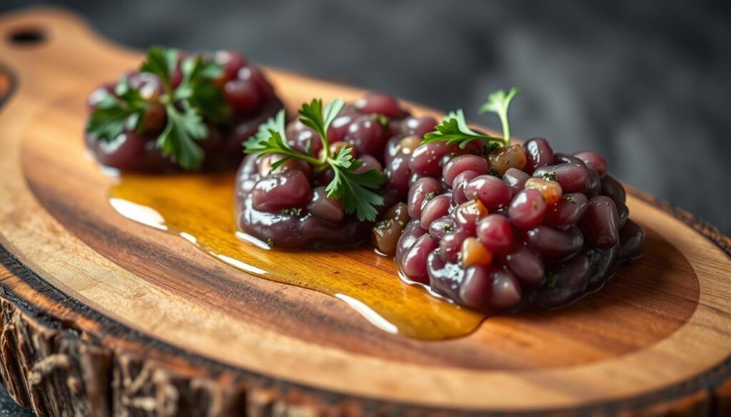 A delicate arrangement of silky smooth eggplant caviar, presented on a rustic wooden board. The deep purple hue of the caviar is accented by sprigs of fresh parsley and a drizzle of golden olive oil. The lighting is soft and diffused, casting gentle shadows that highlight the textural contrast between the creamy caviar and the rough-hewn surface. The overall composition exudes a sense of elegant simplicity, inviting the viewer to savor the flavors and aromas of this delectable Mediterranean delight.