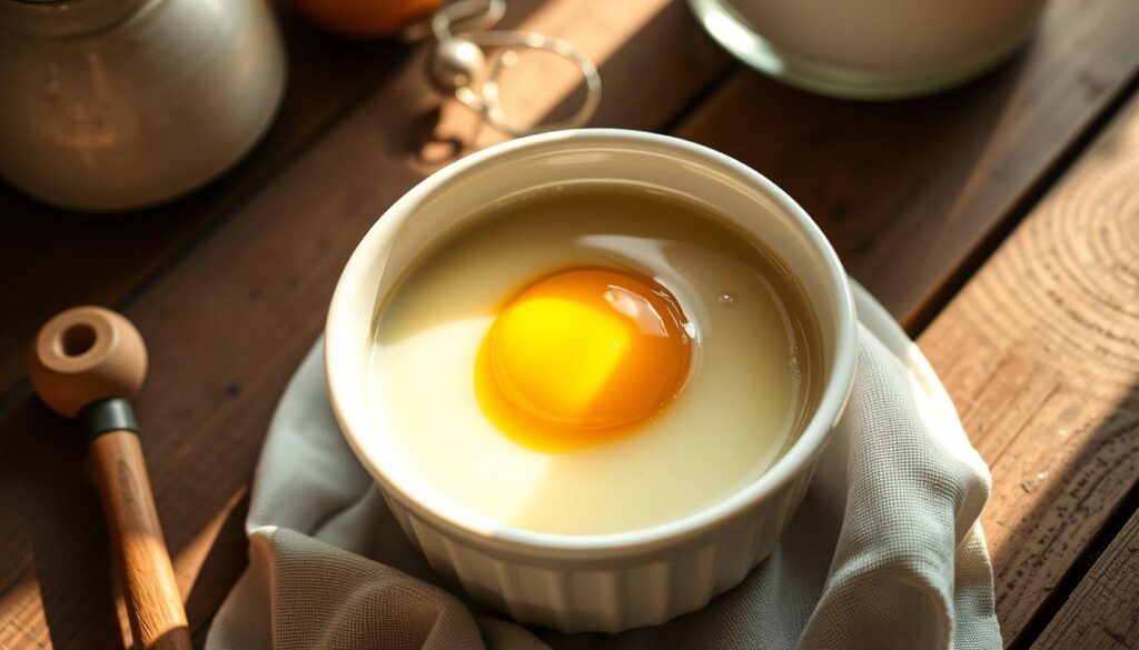 A delicate, artisanal "oeuf au lait" presented in a classic white porcelain ramekin. The golden egg yolk gently nestled in a pool of rich, creamy milk, slightly steaming and infused with the comforting aromas of vanilla and sugar. Soft natural lighting illuminates the scene, casting a warm, nostalgic glow. The ramekin rests on a rustic wooden table, surrounded by a few simple kitchen utensils, evoking the timeless heritage of this traditional French recipe. The overall composition exudes a sense of simple elegance, inviting the viewer to savor the comforting, homemade quality of this beloved dish. A delicate, artisanal "oeuf au lait" presented in a classic white porcelain ramekin. The golden egg yolk gently nestled in a pool of rich, creamy milk, slightly steaming and infused with the comforting aromas of vanilla and sugar. Soft natural lighting illuminates the scene, casting a warm, nostalgic glow. The ramekin rests on a rustic wooden table, surrounded by a few simple kitchen utensils, evoking the timeless heritage of this traditional French recipe. The overall composition exudes a sense of simple elegance, inviting the viewer to savor the comforting, homemade quality of this beloved dish.