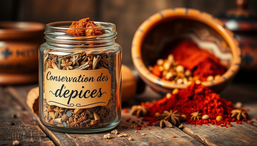 A glass spice jar filled with an assortment of whole spices sits atop a rustic wooden table, bathed in warm, indirect lighting. The jar's label reads "Conservation des épices" in elegant cursive. In the background, a traditional Moroccan ceramic bowl overflows with a vibrant mix of ground spices, their colors ranging from deep ochre to vivid crimson. The scene evokes a sense of culinary craftsmanship and the careful preservation of aromatic flavors, setting the stage for the reader's exploration of optimal spice blending and usage. A glass spice jar filled with an assortment of whole spices sits atop a rustic wooden table, bathed in warm, indirect lighting. The jar's label reads "Conservation des épices" in elegant cursive. In the background, a traditional Moroccan ceramic bowl overflows with a vibrant mix of ground spices, their colors ranging from deep ochre to vivid crimson. The scene evokes a sense of culinary craftsmanship and the careful preservation of aromatic flavors, setting the stage for the reader's exploration of optimal spice blending and usage.