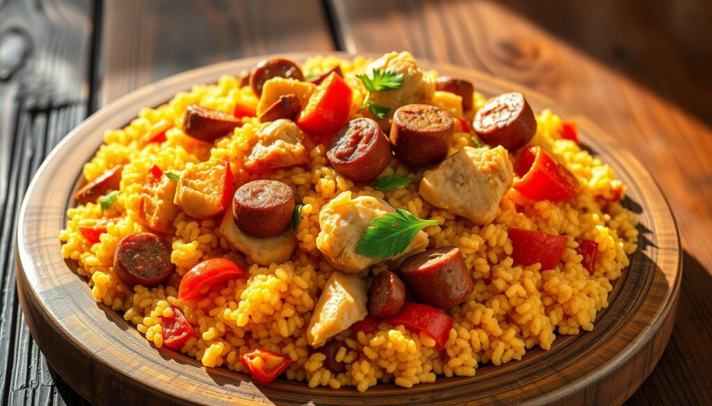 A hearty and aromatic couscous dish featuring succulent chicken and flavorful merguez sausage, presented on a wooden table with a rustic backdrop. The couscous grains are fluffy and evenly cooked, mixed with tender chicken pieces, sliced merguez sausages, and a vibrant assortment of sautéed vegetables. Vibrant hues of orange, red, and green create a visually appealing and appetizing scene, illuminated by warm, natural lighting that casts gentle shadows. The overall composition conveys the comforting and satisfying nature of this homemade Moroccan-inspired meal, ready to be enjoyed.