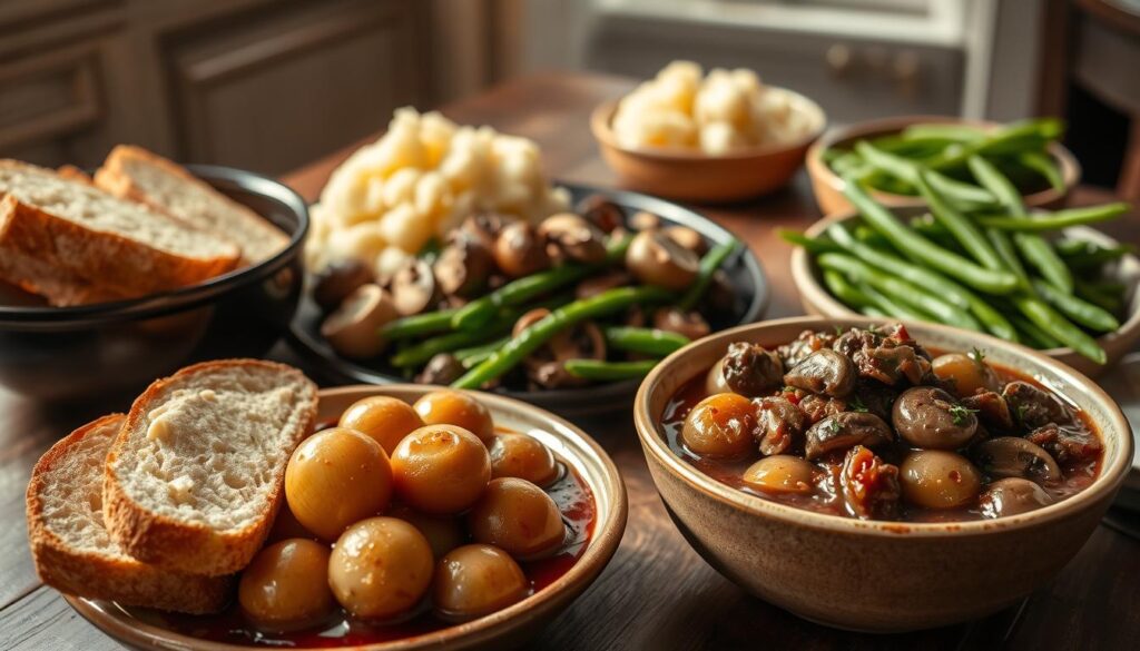 A lavish spread of traditional Boeuf Bourguignon accompaniments, artfully arranged on a rustic wooden table. In the foreground, a selection of crusty French bread, glistening with butter, and a bowl of tender, slow-cooked pearl onions in a rich, burgundy-infused sauce. Behind, a mound of creamy mashed potatoes, their silky texture complementing the heartiness of the beef. In the middle, a platter of sautéed mushrooms, their earthy aroma mingling with the fragrant thyme and garlic. In the background, a side of perfectly al dente green beans, their vibrant color and crisp texture adding a refreshing contrast. Soft, natural lighting casts a warm, inviting glow over the scene, capturing the comforting essence of this classic French dish.