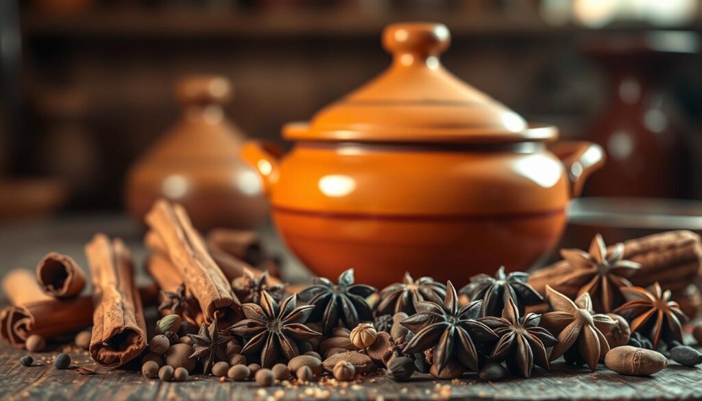 A meticulously arranged still life showcasing an assortment of spices essential for crafting the perfect Moroccan tajine. In the foreground, an array of aromatic whole spices - cinnamon sticks, cardamom pods, whole cloves, and star anise - are thoughtfully displayed against a rustic wooden surface. In the middle ground, a traditional Moroccan ceramic tajine pot takes center stage, its glazed terracotta hues complementing the spices. The background features a softly blurred, warm-toned setting, evoking the cozy ambiance of a Moroccan kitchen. Soft, directional lighting casts subtle shadows, highlighting the textures and colors of the spices and cookware. The overall composition conveys a sense of culinary expertise and the nuanced art of spice blending for tajine dishes. A meticulously arranged still life showcasing an assortment of spices essential for crafting the perfect Moroccan tajine. In the foreground, an array of aromatic whole spices - cinnamon sticks, cardamom pods, whole cloves, and star anise - are thoughtfully displayed against a rustic wooden surface. In the middle ground, a traditional Moroccan ceramic tajine pot takes center stage, its glazed terracotta hues complementing the spices. The background features a softly blurred, warm-toned setting, evoking the cozy ambiance of a Moroccan kitchen. Soft, directional lighting casts subtle shadows, highlighting the textures and colors of the spices and cookware. The overall composition conveys a sense of culinary expertise and the nuanced art of spice blending for tajine dishes.