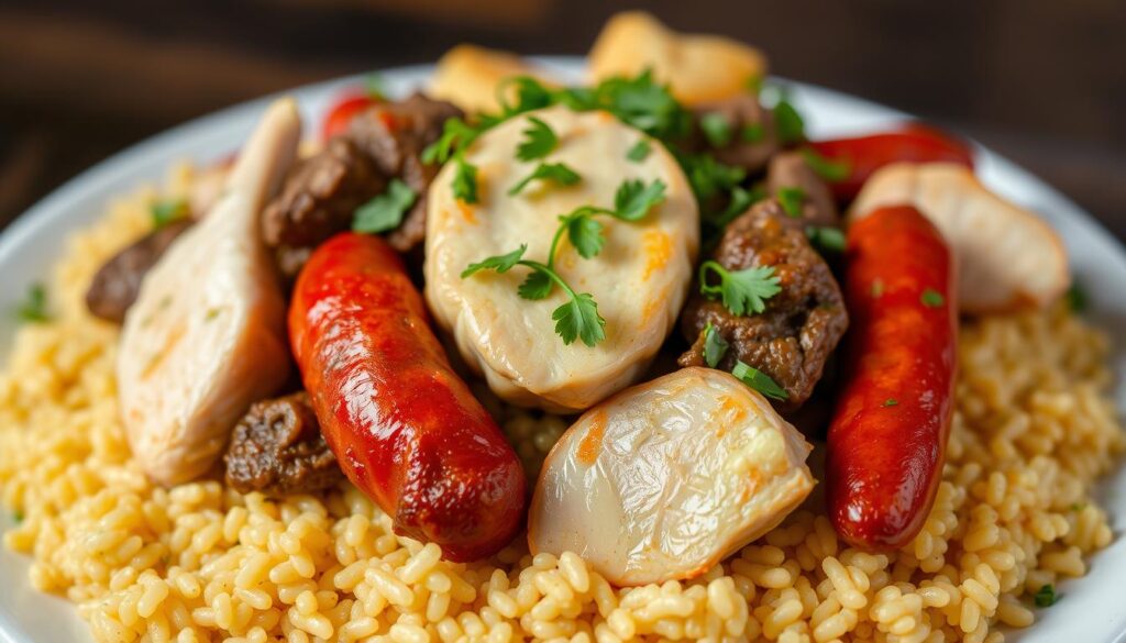 A mouth-watering feast of couscous, beef, chicken, and merguez sausage. A visually stunning arrangement with the couscous grains forming the base, complemented by the rich brown hues of the beef, the succulent white meat of the chicken, and the fiery red of the merguez sausages. Garnished with vibrant green herbs, the composition is both appetizing and aesthetically pleasing. Soft, even lighting illuminates the dish, casting gentle shadows that enhance the textural contrast. The image captures the essence of this classic North African dish, inviting the viewer to savor the flavors and experience the comforting, homemade quality of this versatile couscous preparation.