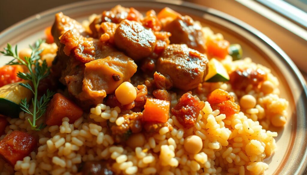 A mouthwatering Moroccan couscous dish with tender chicken, slow-cooked in a rich, aromatic sauce of caramelized onions, golden raisins, and fragrant spices. The couscous grains are fluffy and light, perfectly absorbing the savory juices. Vibrant carrots, zucchini, and chickpeas add pops of color and texture. Sunlight filters through the window, casting a warm glow on the hearty, homemade meal. The scene is captured in a medium close-up, highlighting the textures and inviting the viewer to dive in and savor each bite of this authentic Moroccan classic.