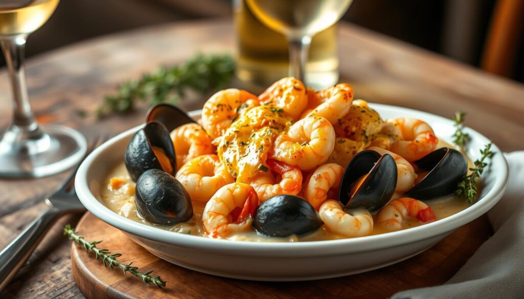 A mouthwatering seafood gratin, brimming with succulent shrimp, tender scallops, and juicy mussels, nestled in a creamy bechamel sauce and topped with a golden, bubbly layer of melted cheese. The dish is set against a backdrop of a rustic, wooden table, with a glass of crisp white wine and a sprig of fresh thyme nearby, conveying a sense of cozy, French bistro ambiance. Warm, soft lighting casts a gentle glow, highlighting the dish's inviting textures and vibrant colors. The composition is carefully balanced, drawing the viewer's eye to the delectable centerpiece, while subtly suggesting the flavors and aromas to come. A mouthwatering seafood gratin, brimming with succulent shrimp, tender scallops, and juicy mussels, nestled in a creamy bechamel sauce and topped with a golden, bubbly layer of melted cheese. The dish is set against a backdrop of a rustic, wooden table, with a glass of crisp white wine and a sprig of fresh thyme nearby, conveying a sense of cozy, French bistro ambiance. Warm, soft lighting casts a gentle glow, highlighting the dish's inviting textures and vibrant colors. The composition is carefully balanced, drawing the viewer's eye to the delectable centerpiece, while subtly suggesting the flavors and aromas to come.
