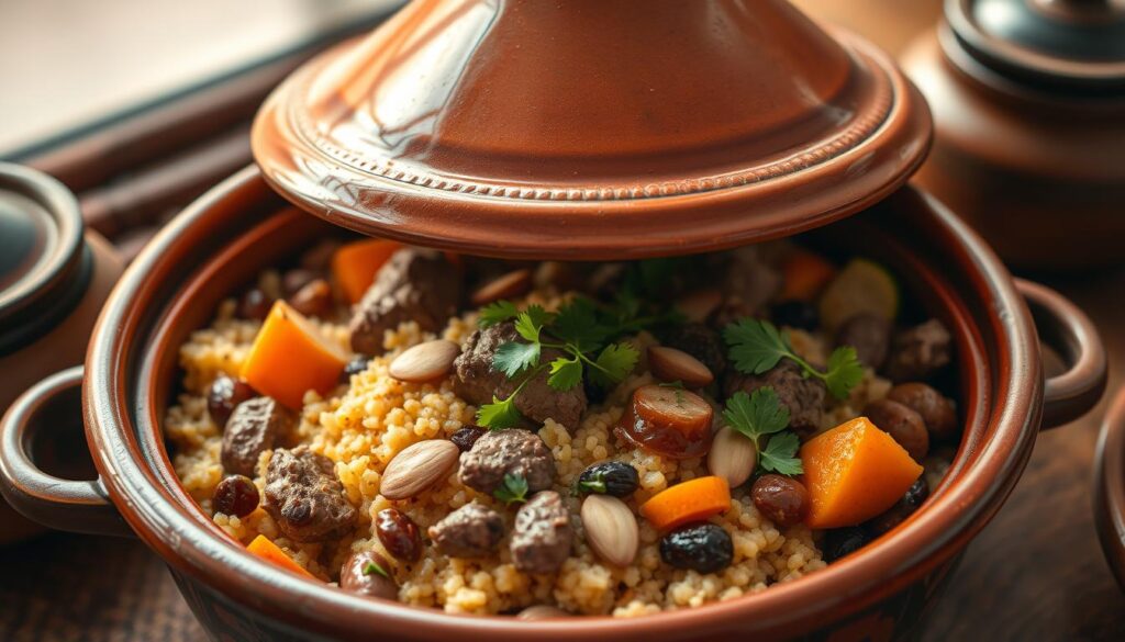 A perfectly cooked Moroccan tajine semoule, the semolina-based couscous nestled in a deep earthenware dish. The conical lid rises above, its glazed surface reflecting the warm, amber-hued lighting that casts a soft glow over the scene. Fragrant spices - cinnamon, cumin, and paprika - mingle with the aroma of slow-simmered meat and vegetables, creating an inviting, homely atmosphere. The tajine's contents are revealed in layers - tender chunks of lamb, vibrant carrots and zucchini, plump raisins, and toasted almonds. A scattering of fresh cilantro adds a final touch of color and freshness to this authentic Moroccan delicacy, ready to be savored. A perfectly cooked Moroccan tajine semoule, the semolina-based couscous nestled in a deep earthenware dish. The conical lid rises above, its glazed surface reflecting the warm, amber-hued lighting that casts a soft glow over the scene. Fragrant spices - cinnamon, cumin, and paprika - mingle with the aroma of slow-simmered meat and vegetables, creating an inviting, homely atmosphere. The tajine's contents are revealed in layers - tender chunks of lamb, vibrant carrots and zucchini, plump raisins, and toasted almonds. A scattering of fresh cilantro adds a final touch of color and freshness to this authentic Moroccan delicacy, ready to be savored.