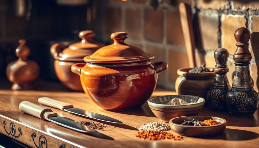 A rustic Moroccan kitchen counter, adorned with a traditional ceramic tajine pot, a wooden spoon, a chef's knife, and an assortment of aromatic spices. The lighting is warm and soft, casting gentle shadows that accentuate the textures of the handcrafted earthenware and polished wood. The scene is framed from a slightly elevated angle, capturing the essential mise en place for preparing an authentic Moroccan chicken tajine, a beloved North African dish. A rustic Moroccan kitchen counter, adorned with a traditional ceramic tajine pot, a wooden spoon, a chef's knife, and an assortment of aromatic spices. The lighting is warm and soft, casting gentle shadows that accentuate the textures of the handcrafted earthenware and polished wood. The scene is framed from a slightly elevated angle, capturing the essential mise en place for preparing an authentic Moroccan chicken tajine, a beloved North African dish.