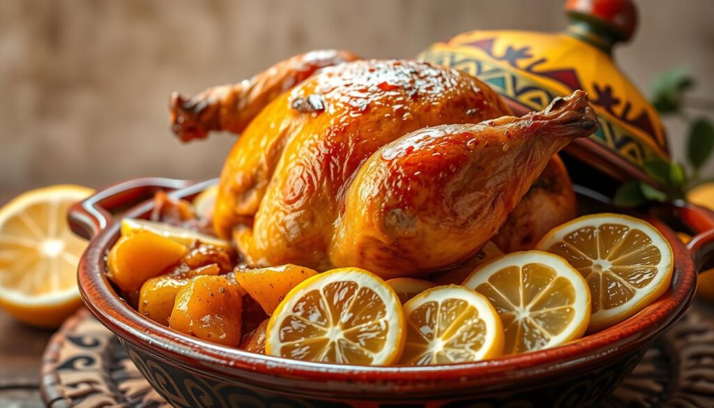 A rustic Moroccan tajine dish, featuring a whole roasted chicken, nestled atop a bed of tender, slow-cooked lemon confit. The chicken's golden-brown skin glistens under the warm, natural lighting, while the fragrant citrus aromas waft through the air. In the foreground, slices of the succulent, infused lemon confit spill out from the tajine, inviting the viewer to savor the dish. The middle ground showcases the tajine's intricate, hand-painted ceramic design, hinting at the rich cultural heritage of this traditional North African cooking vessel. In the background, a neutral, earthy-toned backdrop emphasizes the rustic, homemade quality of the meal, creating an inviting and mouthwatering scene. A rustic Moroccan Tajine poulet citron confit, featuring a whole roasted chicken, nestled atop a bed of tender, slow-cooked lemon confit. The chicken's golden-brown skin glistens under the warm, natural lighting, while the fragrant citrus aromas waft through the air. In the foreground, slices of the succulent, infused lemon confit spill out from the tajine, inviting the viewer to savor the dish. The middle ground showcases the tajine's intricate, hand-painted ceramic design, hinting at the rich cultural heritage of this traditional North African cooking vessel. In the background, a neutral, earthy-toned backdrop emphasizes the rustic, homemade quality of the meal, creating an inviting and mouthwatering scene.