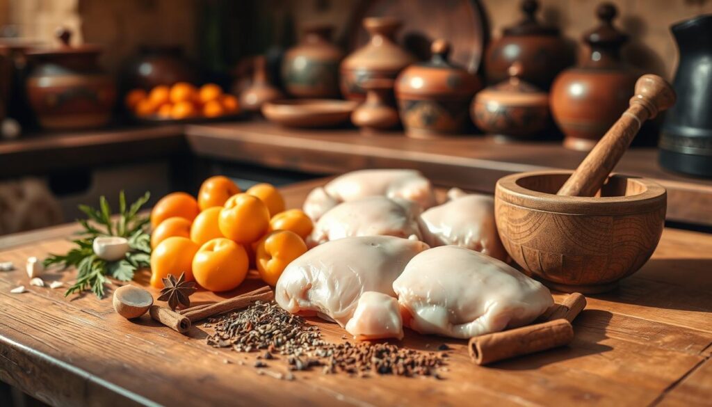 A rustic kitchen setting, with a wooden table in the foreground. On the table, various ingredients for a Moroccan tajine are meticulously arranged: fresh apricots, boneless chicken thighs, aromatic spices like cinnamon and cumin, and a mortar and pestle for grinding. The lighting is warm and natural, casting soft shadows and highlighting the vibrant colors of the produce. In the background, traditional Moroccan pottery and cookware are visible, creating an authentic atmosphere. The overall scene conveys a sense of preparation and anticipation, inviting the viewer to imagine the fragrant and flavorful tajine dish to come. A rustic kitchen setting, with a wooden table in the foreground. On the table, various ingredients for a Moroccan tajine are meticulously arranged: fresh apricots, boneless chicken thighs, aromatic spices like cinnamon and cumin, and a mortar and pestle for grinding. The lighting is warm and natural, casting soft shadows and highlighting the vibrant colors of the produce. In the background, traditional Moroccan pottery and cookware are visible, creating an authentic atmosphere. The overall scene conveys a sense of preparation and anticipation, inviting the viewer to imagine the fragrant and flavorful tajine dish to come.
