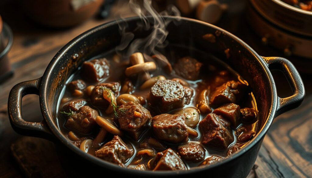 A rustic, slow-cooked beef bourguignon simmering in a rich, burgundy-infused sauce. The tender chunks of beef are nestled among caramelized onions, earthy mushrooms, and aromatic herbs. Wisps of steam rise from the cast-iron pot, illuminated by soft, golden lighting that casts a warm, inviting glow. The scene is set against a backdrop of a cozy, country kitchen, with weathered wooden surfaces and the faint hint of crackling fire. The overall mood is one of comfort, patience, and the rewards of slow, meticulous preparation.