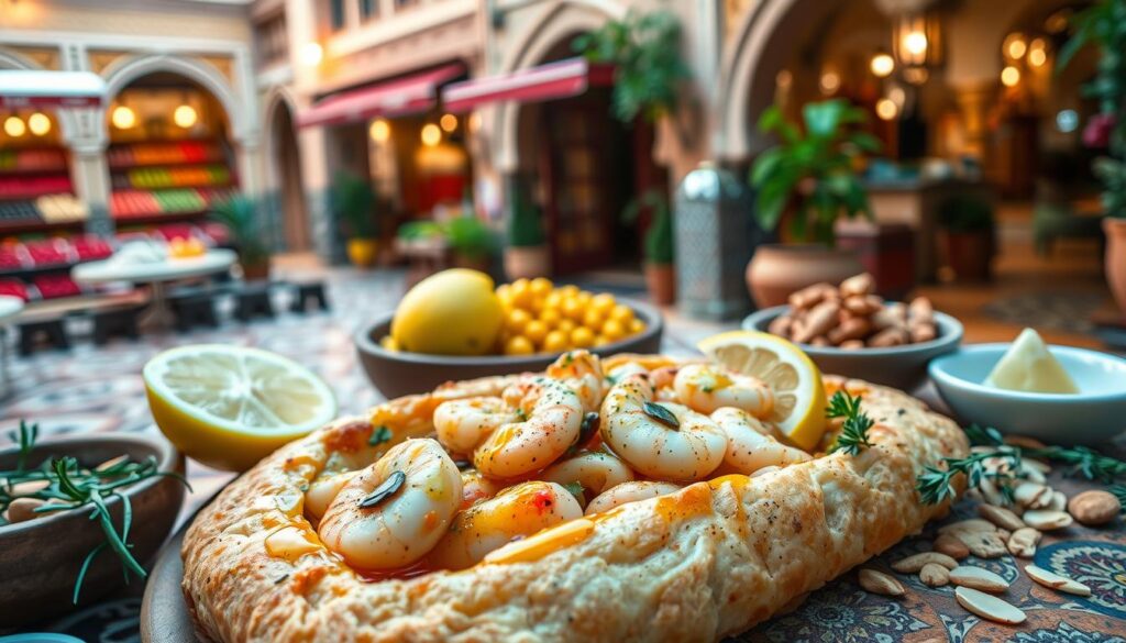 A sumptuous seafood pastilla set against a vibrant Moroccan backdrop, captured in a warm, inviting still life. In the foreground, the flaky pastry crust gives way to a savory filling of tender shrimp, scallops, and squid, drizzled with a fragrant saffron sauce. Alongside, an array of accompaniments - zesty lemon wedges, aromatic herbs, and a sprinkle of toasted almonds - inviting the viewer to savor each delectable morsel. The middle ground features intricate Moorish tiles in rich hues, while the background showcases vibrant spice-filled markets, with hints of ornate architecture and lush greenery. The lighting is soft and warm, casting a cozy, inviting glow over the scene, capturing the essence of Moroccan hospitality and the joy of sharing this exceptional seafood delicacy. A sumptuous seafood pastilla set against a vibrant Moroccan backdrop, captured in a warm, inviting still life. In the foreground, the flaky pastry crust gives way to a savory filling of tender shrimp, scallops, and squid, drizzled with a fragrant saffron sauce. Alongside, an array of accompaniments - zesty lemon wedges, aromatic herbs, and a sprinkle of toasted almonds - inviting the viewer to savor each delectable morsel. The middle ground features intricate Moorish tiles in rich hues, while the background showcases vibrant spice-filled markets, with hints of ornate architecture and lush greenery. The lighting is soft and warm, casting a cozy, inviting glow over the scene, capturing the essence of Moroccan hospitality and the joy of sharing this exceptional seafood delicacy.