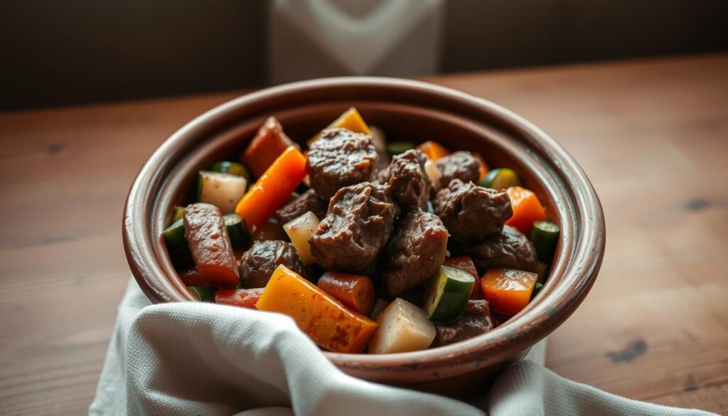 A traditional Moroccan lamb tajine, the centerpiece of the composition. Tender chunks of lamb, simmered in a fragrant blend of spices, nestled among an array of vibrant seasonal vegetables - carrots, zucchini, bell peppers, and onions. Warm, earthy tones set the stage, with muted light filtering in from an unseen window, casting gentle shadows that accentuate the dish's rich textures. The tajine vessel itself, a rustic earthenware piece, sits prominently on a simple wooden table, surrounded by a minimal, uncluttered setting that allows the flavors and aromas of this timeless dish to shine. A traditional Moroccan tajines agneau légumes, the centerpiece of the composition. Tender chunks of lamb, simmered in a fragrant blend of spices, nestled among an array of vibrant seasonal vegetables - carrots, zucchini, bell peppers, and onions. Warm, earthy tones set the stage, with muted light filtering in from an unseen window, casting gentle shadows that accentuate the dish's rich textures. The tajine vessel itself, a rustic earthenware piece, sits prominently on a simple wooden table, surrounded by a minimal, uncluttered setting that allows the flavors and aromas of this timeless dish to shine.