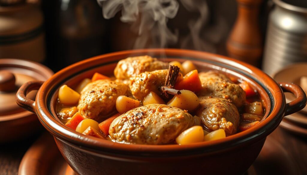 A traditional Moroccan tajine poulet légumes, featuring a succulent chicken stew simmered in a rich, aromatic sauce. The earthenware tajine pot sits at the center of the frame, its conical lid emitting fragrant steam. Tender chicken thighs are arranged atop a bed of vibrant carrots, potatoes, and onions, all bathed in a golden-hued sauce infused with the aromatic flavors of saffron, cumin, and cinnamon. The lighting is warm and soft, creating a cozy, homely atmosphere, as if the dish has just been pulled from a wood-fired oven. The camera angle is slightly elevated, capturing the depth and complexity of this beloved Moroccan delicacy, ready to be savored by eager diners.