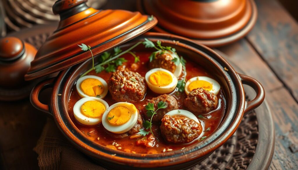 A traditional Moroccan tajine dish featuring a vibrant arrangement of freshly cooked kefta (meatballs) nestled in a rich, aromatic sauce, adorned with vibrant sliced eggs, fresh herbs, and a scatter of toasted sesame seeds. The scene is captured in warm, natural lighting, emphasizing the depth of color and texture. The tajine vessel is positioned centrally, surrounded by a rustic, earthy backdrop evocative of a Moroccan kitchen. The overall composition exudes a sense of homey, authentic presentation, inviting the viewer to experience the authentic flavors of this beloved North African culinary delight. A traditional Moroccan tajine dish featuring a vibrant arrangement of freshly cooked kefta (meatballs) nestled in a rich, aromatic sauce, adorned with vibrant sliced eggs, fresh herbs, and a scatter of toasted sesame seeds. The scene is captured in warm, natural lighting, emphasizing the depth of color and texture. The tajine vessel is positioned centrally, surrounded by a rustic, earthy backdrop evocative of a Moroccan kitchen. The overall composition exudes a sense of homey, authentic presentation, inviting the viewer to experience the authentic flavors of this beloved North African culinary delight.