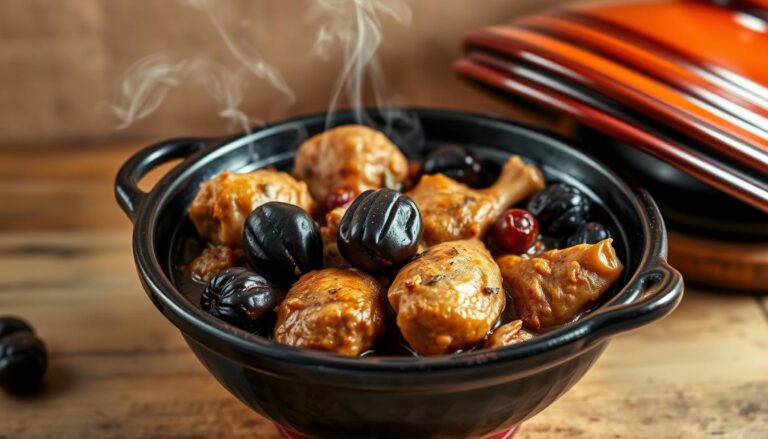 A traditional Moroccan Tajine Poulet Pruneaux pot simmering on a rustic stove, its conical lid emitting fragrant steam. The chicken and prunes within are tender and caramelized, the sauce thick and glossy. Warm lighting casts a cozy glow, highlighting the earthenware vessel's intricate patterns. In the background, a simple table setting with a woven placemat, a glass of mint tea, and sprigs of fresh herbs. The overall scene exudes the comforting aromas and flavors of a perfectly cooked Moroccan chicken and prune tajine.