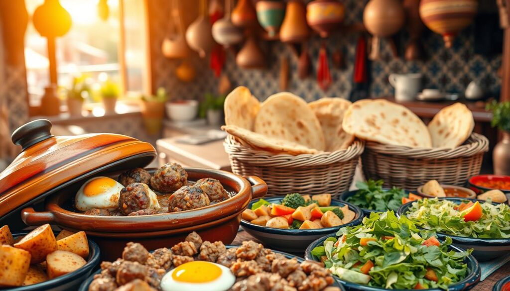 A vibrant and authentic Moroccan tajine kefta scene, showcasing regional variations. In the foreground, a traditional earthenware tajine simmers with juicy meatballs, fragrant spices, and runny eggs. Surrounding it, an array of colorful side dishes - from harissa-spiced potatoes to a crisp, fresh salad. In the middle ground, a woven basket overflows with freshly baked Moroccan flatbread. The background features a cozy, sun-dappled kitchen, with ornate tilework, hanging pots, and a glimpse of a bustling marketplace beyond. Warm, golden lighting casts a soft, inviting glow over the scene, capturing the essence of Moroccan home cooking and family traditions. A vibrant and authentic Moroccan tajine kefta scene, showcasing regional variations. In the foreground, a traditional earthenware tajine simmers with juicy meatballs, fragrant spices, and runny eggs. Surrounding it, an array of colorful side dishes - from harissa-spiced potatoes to a crisp, fresh salad. In the middle ground, a woven basket overflows with freshly baked Moroccan flatbread. The background features a cozy, sun-dappled kitchen, with ornate tilework, hanging pots, and a glimpse of a bustling marketplace beyond. Warm, golden lighting casts a soft, inviting glow over the scene, capturing the essence of Moroccan home cooking and family traditions.