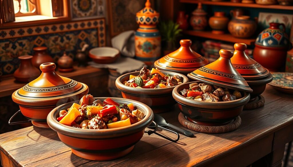 A vibrant and authentic Moroccan tajine scene, showcasing the traditional clay cooking vessels atop a rustic wooden table. The tajines are filled with a variety of slow-cooked meats, vegetables, and aromatic spices, emitting mouthwatering aromas. The scene is illuminated by warm, golden lighting, casting a cozy, inviting atmosphere. In the background, glimpses of traditional Moroccan tiles, textiles, and pottery add to the cultural richness. The composition captures the essence of Moroccan culinary heritage, inviting the viewer to savor the flavors and experience the essence of this beloved North African cuisine. A vibrant and authentic Moroccan tajine scene, showcasing the traditional clay cooking vessels atop a rustic wooden table. The tajines are filled with a variety of slow-cooked meats, vegetables, and aromatic spices, emitting mouthwatering aromas. The scene is illuminated by warm, golden lighting, casting a cozy, inviting atmosphere. In the background, glimpses of traditional Moroccan tiles, textiles, and pottery add to the cultural richness. The composition captures the essence of Moroccan culinary heritage, inviting the viewer to savor the flavors and experience the essence of this beloved North African cuisine.