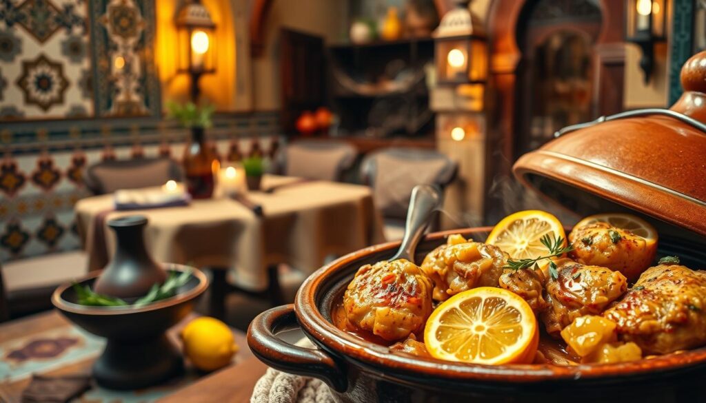 A vibrant, rustic Moroccan tajine dish featuring tender chicken, preserved lemon, and aromatic spices. The foreground showcases the steaming, golden-brown tajine pot, with juicy chicken pieces and slices of preserved lemon nestled inside. In the middle ground, a table setting with a simple, earth-toned tablecloth, a carafe of red wine, and a few sprigs of fresh herbs. The background depicts a cozy, candlelit Moroccan-inspired interior, with intricate tilework, ornate lanterns, and warm, earthy tones creating a inviting, intimate atmosphere. The lighting is soft and natural, casting a gentle glow on the scene, emphasizing the rich, comforting flavors and aromas of the dish. A vibrant, rustic Moroccan tajine dish featuring tender chicken, preserved lemon, and aromatic spices. The foreground showcases the steaming, golden-brown tajine pot, with juicy chicken pieces and slices of preserved lemon nestled inside. In the middle ground, a table setting with a simple, earth-toned tablecloth, a carafe of red wine, and a few sprigs of fresh herbs. The background depicts a cozy, candlelit Moroccan-inspired interior, with intricate tilework, ornate lanterns, and warm, earthy tones creating a inviting, intimate atmosphere. The lighting is soft and natural, casting a gentle glow on the scene, emphasizing the rich, comforting flavors and aromas of the dish.