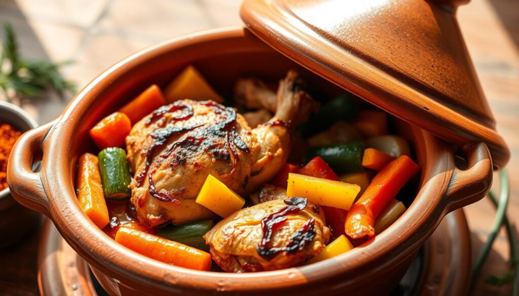 A vibrant tajine dish featuring tender chicken, fresh vegetables, and an array of fragrant Moroccan spices. The dish is presented in a traditional earthenware tajine pot, its conical lid gently steaming. The chicken is perfectly browned, nestled among colorful carrots, zucchini, bell peppers, and onions. Warm hues of saffron, cumin, and paprika infuse the scene, creating a rich, authentic Moroccan atmosphere. Soft natural lighting casts gentle shadows, highlighting the dish's tantalizing textures and aromas. The overall composition is visually balanced, inviting the viewer to savor the traditional flavors of this nourishing and flavorful tajine. A vibrant tajine dish featuring tender chicken, fresh vegetables, and an array of fragrant Moroccan spices. The dish is presented in a traditional earthenware tajine pot, its conical lid gently steaming. The chicken is perfectly browned, nestled among colorful carrots, zucchini, bell peppers, and onions. Warm hues of saffron, cumin, and paprika infuse the scene, creating a rich, authentic Moroccan atmosphere. Soft natural lighting casts gentle shadows, highlighting the dish's tantalizing textures and aromas. The overall composition is visually balanced, inviting the viewer to savor the traditional flavors of this nourishing and flavorful tajine.