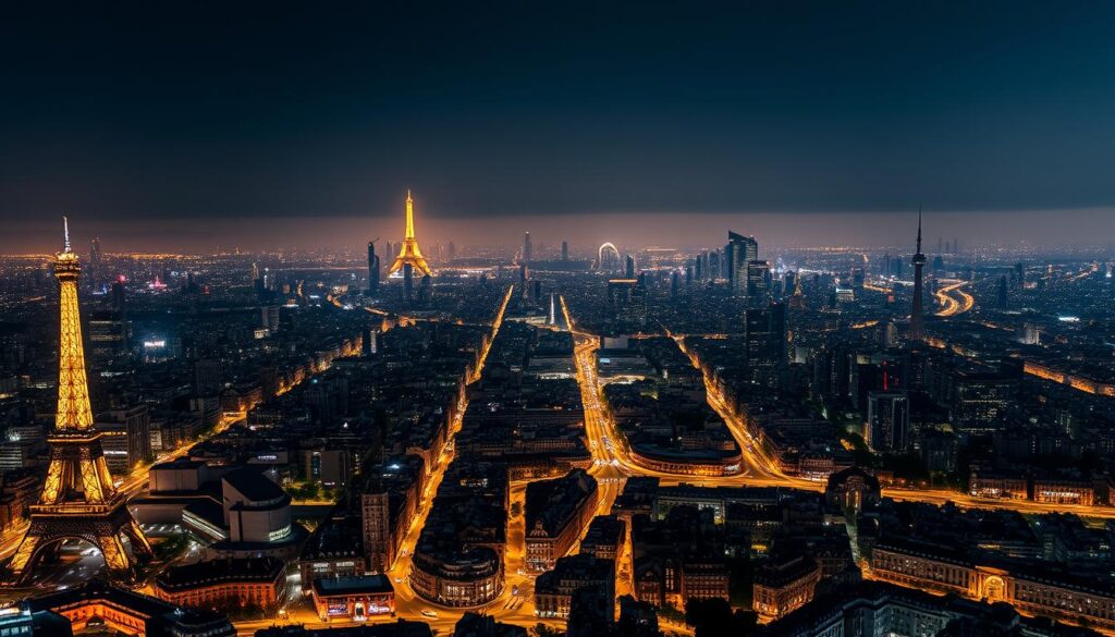 An expansive metropolis at night, the Métropole du Grand Paris shines with the glow of countless lights. In the foreground, iconic Parisian landmarks like the Eiffel Tower and Arc de Triomphe rise majestically, their silhouettes punctuating the skyline. The middle ground reveals a sprawling cityscape, with high-rise buildings and winding roads illuminated by a soft, warm radiance. In the background, a hazy horizon blends seamlessly with the night sky, creating a sense of depth and scale. The scene is infused with an air of grandeur and sophistication, capturing the essence of this vibrant urban center. A wide-angle lens and carefully balanced lighting accentuate the breathtaking vista, evoking a mood of celebration and cultural vitality. An expansive metropolis at night, the Métropole du Grand Paris shines with the glow of countless lights. In the foreground, iconic Parisian landmarks like the Eiffel Tower and Arc de Triomphe rise majestically, their silhouettes punctuating the skyline. The middle ground reveals a sprawling cityscape, with high-rise buildings and winding roads illuminated by a soft, warm radiance. In the background, a hazy horizon blends seamlessly with the night sky, creating a sense of depth and scale. The scene is infused with an air of grandeur and sophistication, capturing the essence of this vibrant urban center. A wide-angle lens and carefully balanced lighting accentuate the breathtaking vista, evoking a mood of celebration and cultural vitality.