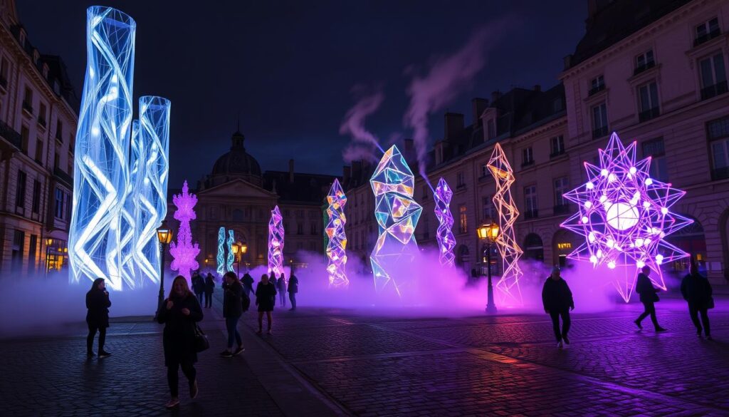 Nightfall casts a ethereal glow over a captivating array of artistic installations in the heart of Paris. Towering sculptures of light and shadow intertwine, casting mesmerizing patterns across the cobblestones. Multifaceted LED structures pulse in a hypnotic dance, their vibrant hues illuminating the historic architecture. Wisps of fog drift between these avant-garde creations, adding an air of mystery. Pedestrians pause to marvel at the innovative, thought-provoking displays that transform the city into an immersive, otherworldly experience. The scene exudes a sense of wonder and creative energy, inviting visitors to explore the boundless potential of public art. Nightfall casts a ethereal glow over a captivating array of artistic installations in the heart of Paris. Towering sculptures of light and shadow intertwine, casting mesmerizing patterns across the cobblestones. Multifaceted LED structures pulse in a hypnotic dance, their vibrant hues illuminating the historic architecture. Wisps of fog drift between these avant-garde creations, adding an air of mystery. Pedestrians pause to marvel at the innovative, thought-provoking displays that transform the city into an immersive, otherworldly experience. The scene exudes a sense of wonder and creative energy, inviting visitors to explore the boundless potential of public art.