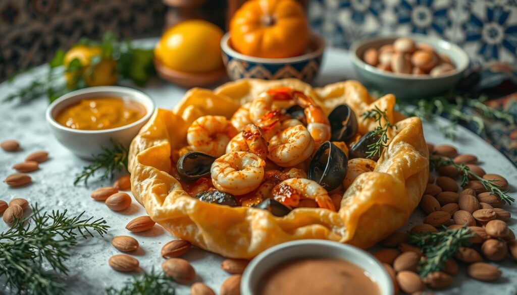 Pastilla fruits de mer choumicha: a lavish Moroccan seafood pastry, the centerpiece of a bountiful spread. In the foreground, flaky phyllo dough encases a savory filling of shrimp, calamari, and mussels, simmered in a rich, aromatic broth. Vibrant saffron, fragrant cinnamon, and zesty lemon infuse the dish with warm, earthy tones. Surrounding the pastry, a tableau of complementary elements - a scattering of fresh herbs, a sprinkle of toasted almonds, and a drizzle of silky sauce, all illuminated by soft, diffused lighting that casts a comforting glow. In the background, hints of traditional Moroccan tile work and textiles create a sense of cultural context, inviting the viewer to imagine the warmth and hospitality of the family table. Pastilla fruits de mer choumicha: a lavish Moroccan seafood pastry, the centerpiece of a bountiful spread. In the foreground, flaky phyllo dough encases a savory filling of shrimp, calamari, and mussels, simmered in a rich, aromatic broth. Vibrant saffron, fragrant cinnamon, and zesty lemon infuse the dish with warm, earthy tones. Surrounding the pastry, a tableau of complementary elements - a scattering of fresh herbs, a sprinkle of toasted almonds, and a drizzle of silky sauce, all illuminated by soft, diffused lighting that casts a comforting glow. In the background, hints of traditional Moroccan tile work and textiles create a sense of cultural context, inviting the viewer to imagine the warmth and hospitality of the family table.