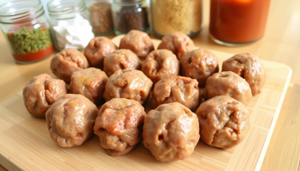 Perfectly preserved home-cooked meatballs, neatly arranged on a clean, wooden cutting board. Soft, pillowy texture, glistening with a light sheen, hinting at their juicy, flavorful interior. Warm, golden-brown hue, suggesting careful browning for maximum taste. A small collection of glass jars in the background, containing various storage solutions - perhaps marinara sauce, breadcrumbs, or aromatic herbs and spices. Gentle, natural lighting casts soft shadows, highlighting the craftsmanship and care put into these delectable morsels. An image that evokes a sense of homemade comfort and culinary mastery, perfectly suited to illustrate tips for conserving and reheating delicious homemade meatballs.